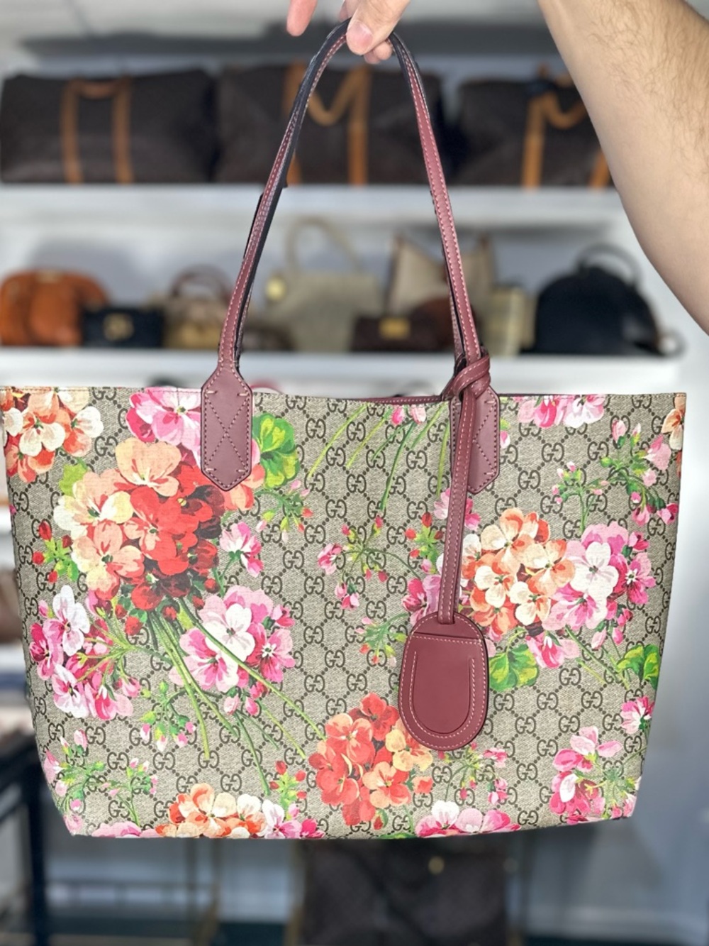 Gucci Floral GG Supreme Tote with Pink and Green Accents